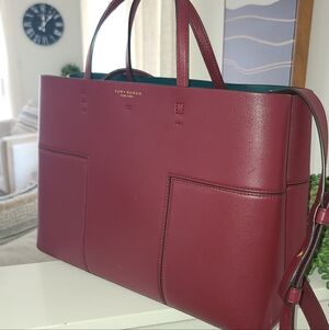 Tory Burch Wine Red Leather Tote with Green Interior
